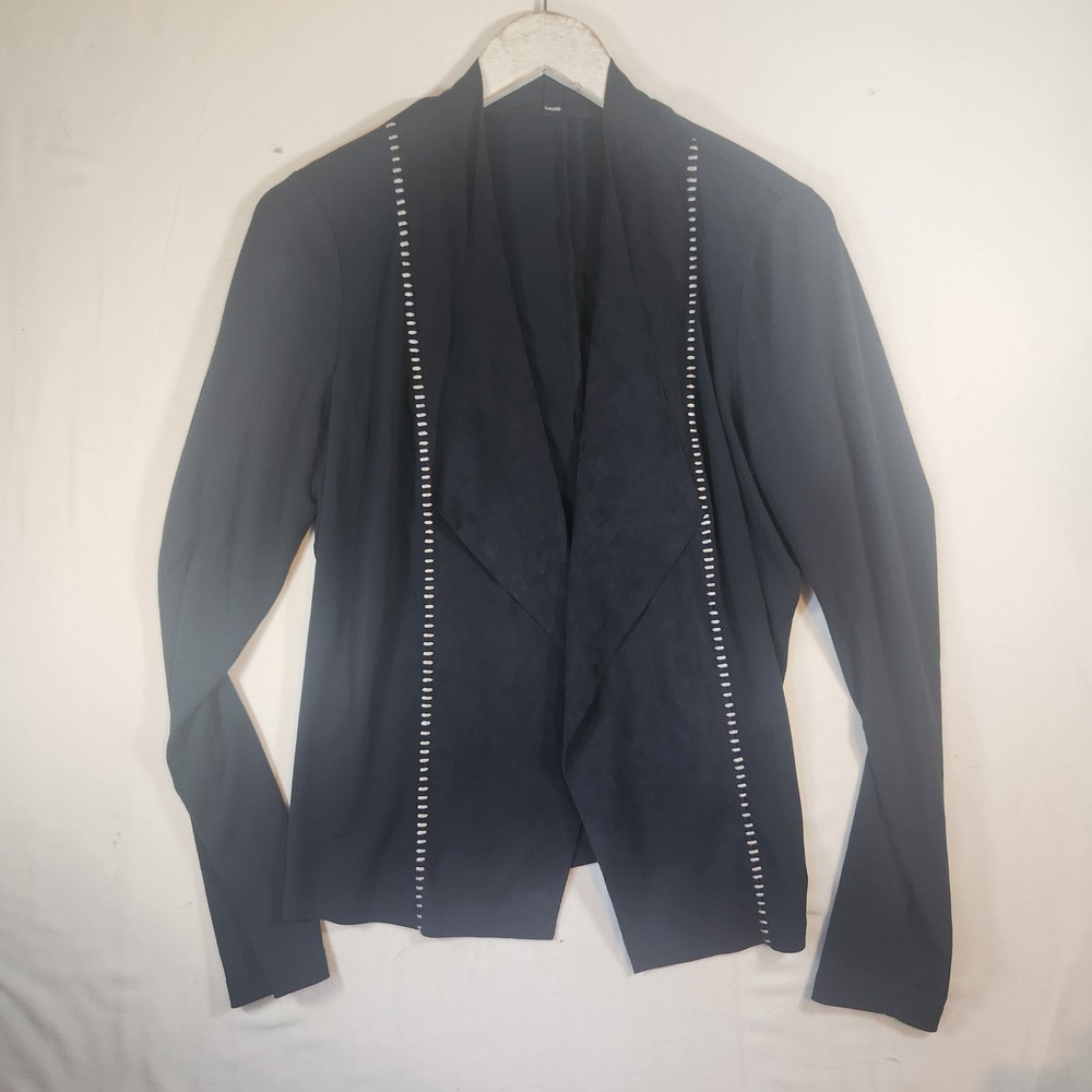 Joseph Ribkoff Black Whipstitch Open Front Draped Jacket Made in Canada